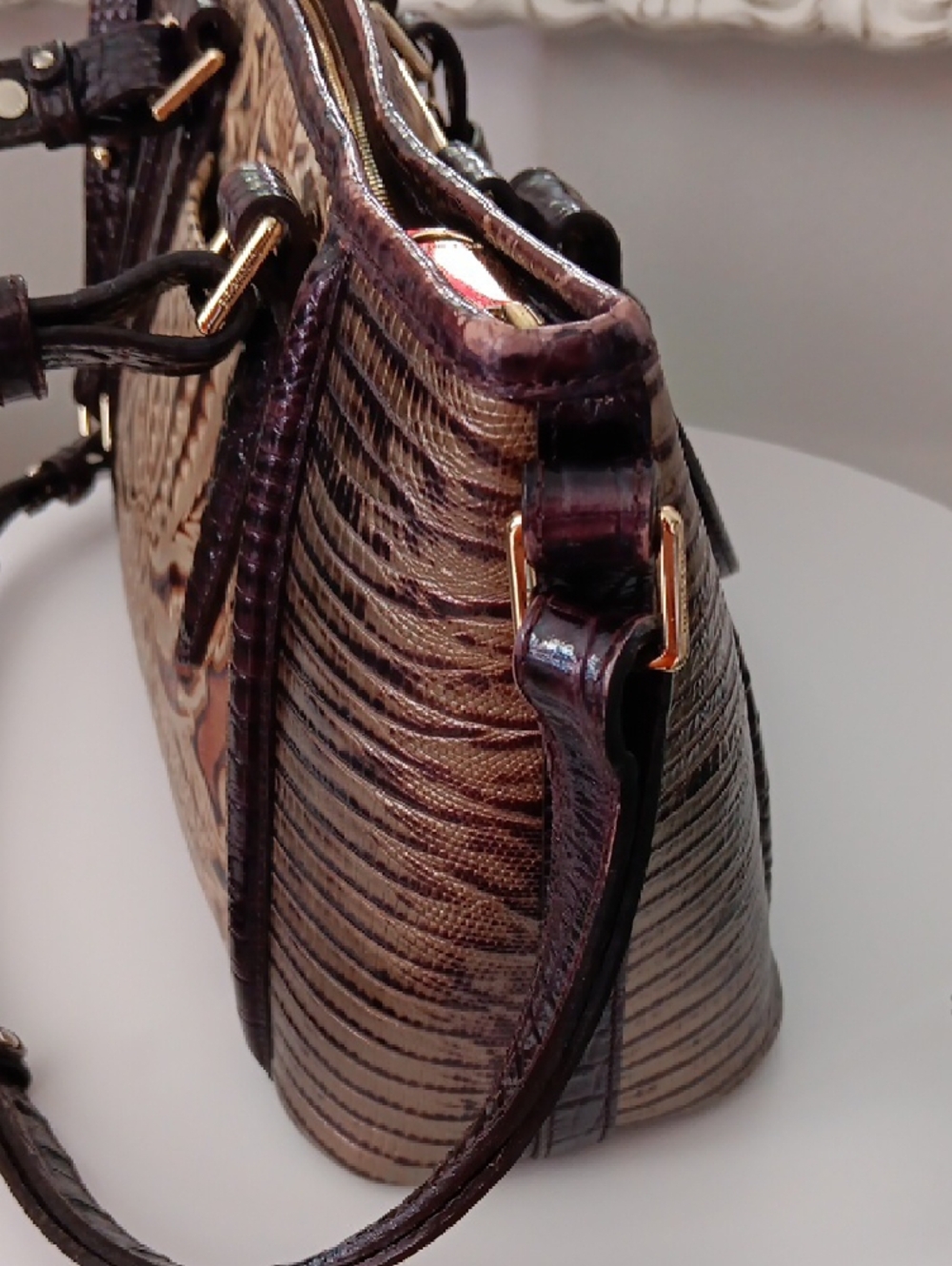 Brahmin Embossed Floral Satchel in Brown and Tan - Picture 5 of 14